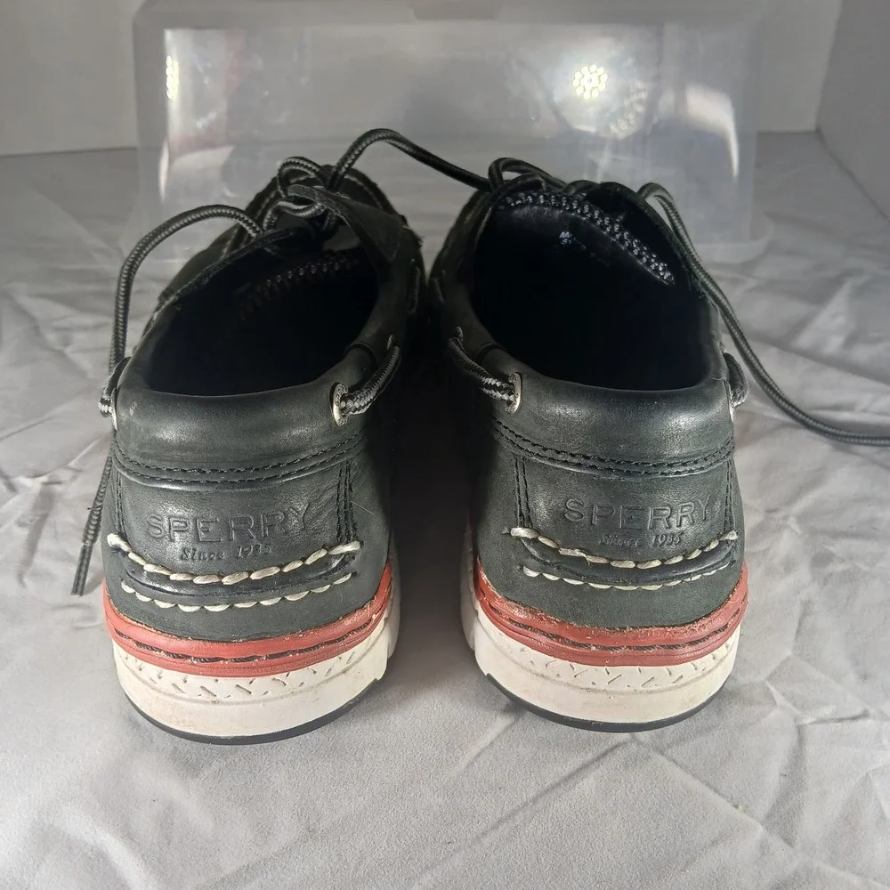 Sperry Top-Sider Mens Boat Shoes Leather Black Gray Mesh Red Trim‎ Size 9.5M